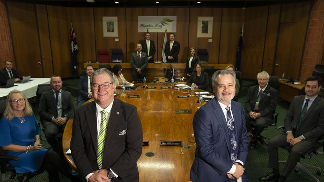 Mayor Peter Flannery and CEO Greg Chemello with their team from the Moreton Bay Regional Council hand down the budget today in their first meeting in the same chamber since they were elected. PHOTO: Sarah Marshall