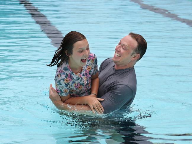 ******* for Sunday Mail*****Premier Steven Miles with his daughter Bridie 9yrs at Cotton Tree Aquatic Centre in Maroochydore. Pic: Supplied by Premier's Department/Annette Dew.