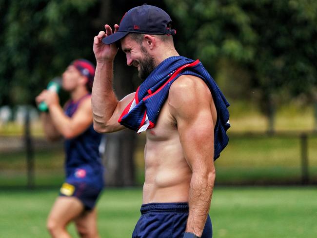 Melbourne defender Joel Smith at training today. Credit: Tess Gellie