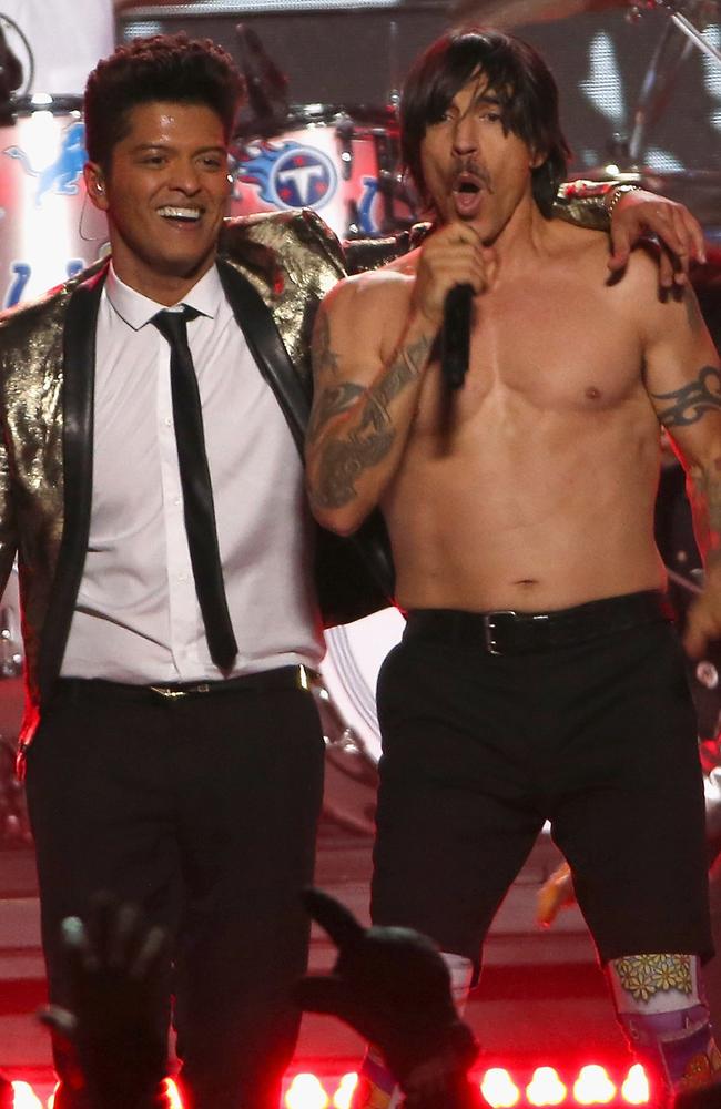 2014: Unlikely co-stars Bruno Mars teamed up with the Red Hot Chili Peppers during the half time show in New Jersey. Picture: Larry Busacca/Getty Images