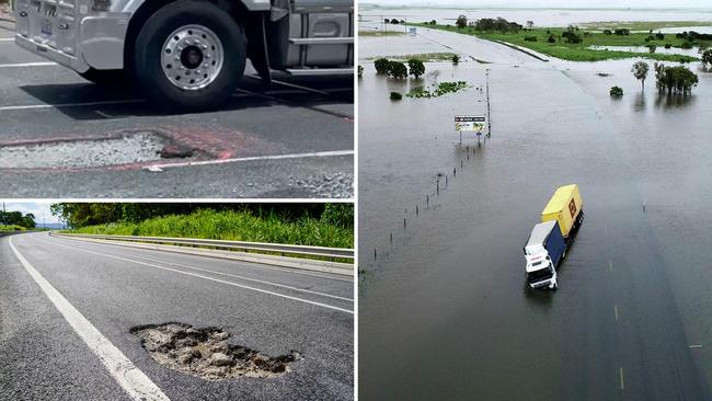 The Bruce Highway was recently named Queensland’s worst road with almost half classed as having a two-star safety rating or less. Top left: truck drivers narrowly avoid massive potholes at Koumala south of Mackay. Picture: Mitchell Dyer. Bottom left: The Bruce Highway between Mackay and Proserpine was littered with hazardous potholes after typical summer rain. Picture: Heidi Petith. Right: The Bruce Highway was completely cut off for four days just south of Proserpine in January, 2023, after heavy rain caused flash flooding. Picture: Robert Murolo