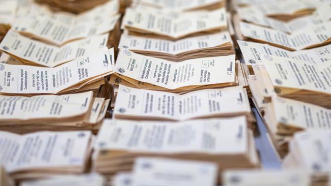 Ballot papers are seen at a vote counting centre in Melbourne.