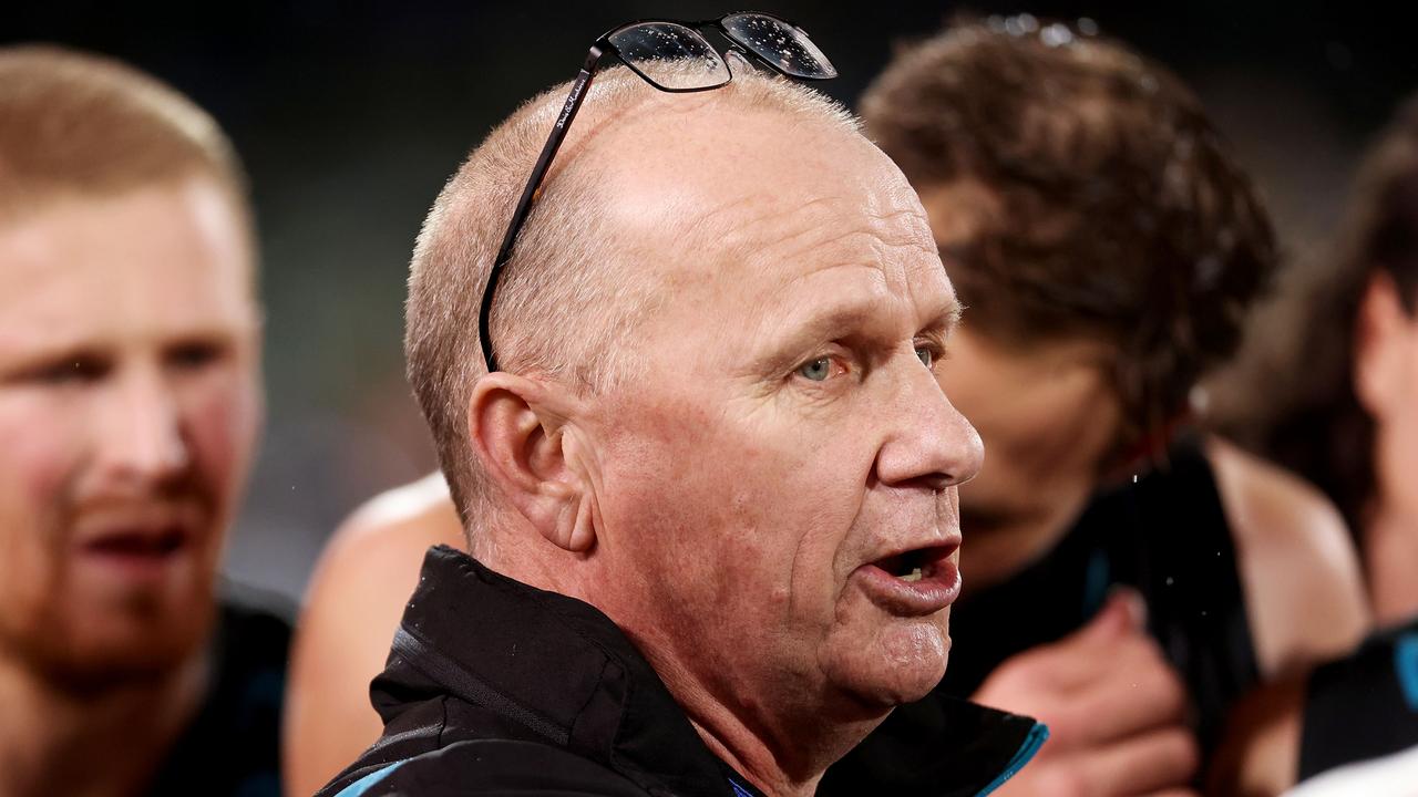 Port coach Ken Hinkley addresses his players. Picture: James Elsby