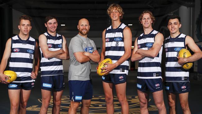 Gary Ablett with Geelong’s 2019 draftees (from left) Francis Evans, Cam Taheny, Sam De Koning, Cooper Stephens and Brad Close.