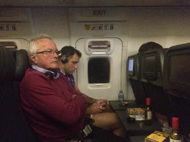 Drew Morphett flew back from Sydney and was seated next to Melbourne Storm legend Cam Smith. Picture: Twitter.