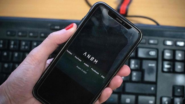 The AN0M app appears on the screen of a smartphone. Picture: AFP