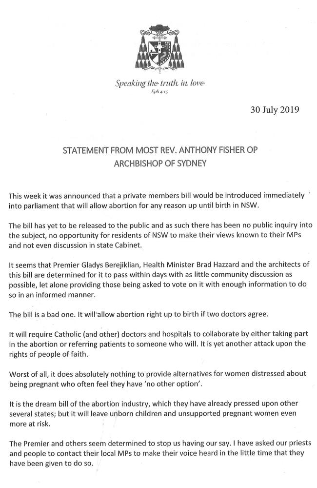 Statement from the Catholic Archbishop of Sydney.