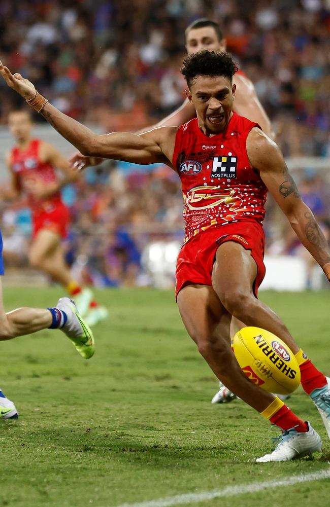 Malcolm Rosas of the Suns kicks the ball during the 2023 AFL Round 11 match between the Gold Coast Suns and the Western Bulldogs at TIO Stadium. (Photo by Michael Willson/AFL Photos via Getty Images)