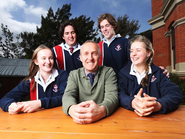 The Friends' School Director of Teaching and Learning Steve Barratt  with grade 12 students (front) LR Meg Pointon, 17 and Charlie Potter, 18 and (rear) LR Theo Ellingsen, 17 and  Sam Gowans, 18.  Picture: Zak Simmonds