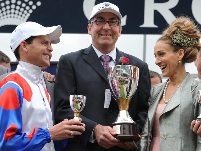 Danny Nikolic and trainer Robert Smerdon after Nikolic rode Mosheen to victory in the Crown Oaks in 2012.