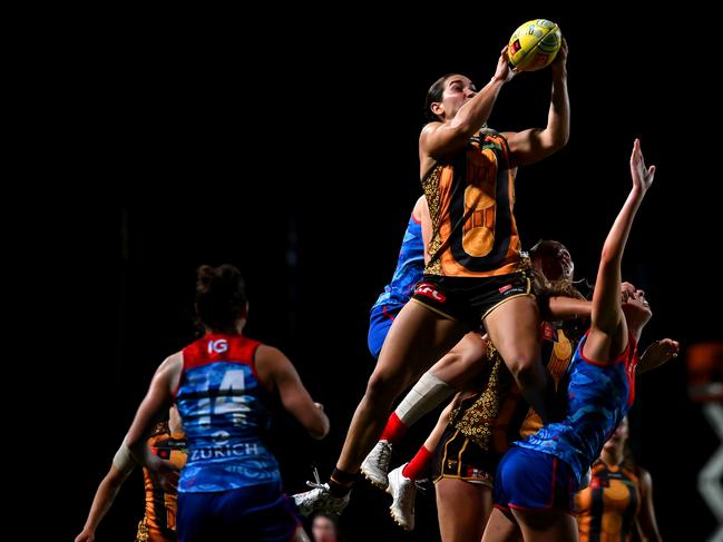 Mattea Breed flies high against Melbourne. Picture: Albert Perez/AFL Photos via Getty Images.