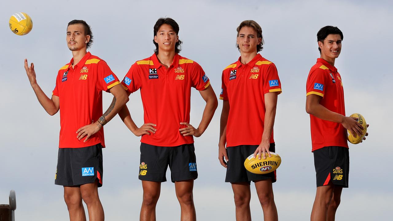 Gold Coast AFL academy kids Joel Jeffrey, Alex Davies, Rhys Nicholls and Aiden Fyfe have been pre-listed ahead of the AFL National Draft on Wednesday. Picture: Scott Powick