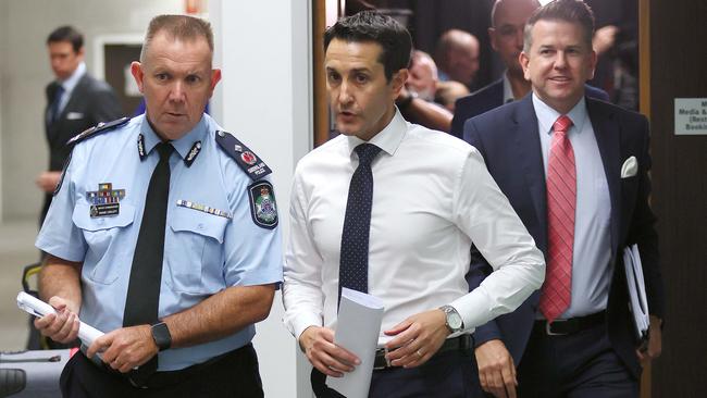 Queensland Premier David Crisafulli and Queensland Police Deputy Commissioner Shane Chelepy during a flood update press conference in Brisbane. Picture: Supplied