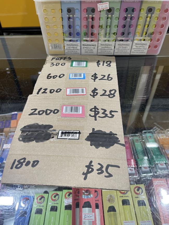 A price list for illegal vaping products from a tobacconist.