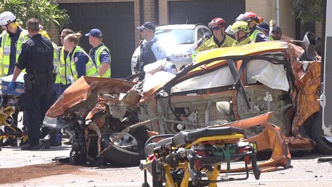 The woman’s car collided with two semi-trailers just before 11am. Picture: TNV