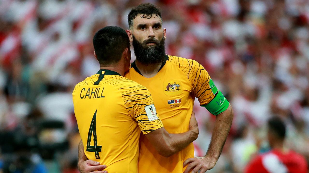 Socceroos Tim Cahill (L) and Mile Jedinak. Picture: Toby Zerna