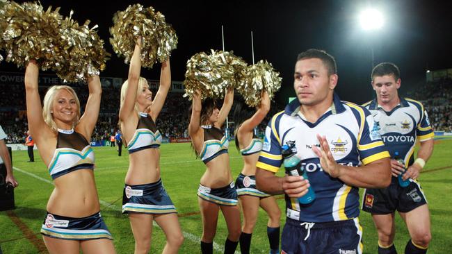 Cowboys' Matt Bowen is cheered of by the cheer squad cheerleaders after North Queensland Cowboys vs Canterbury Bulldogs qualifier @ Dairy Farmers Stadium