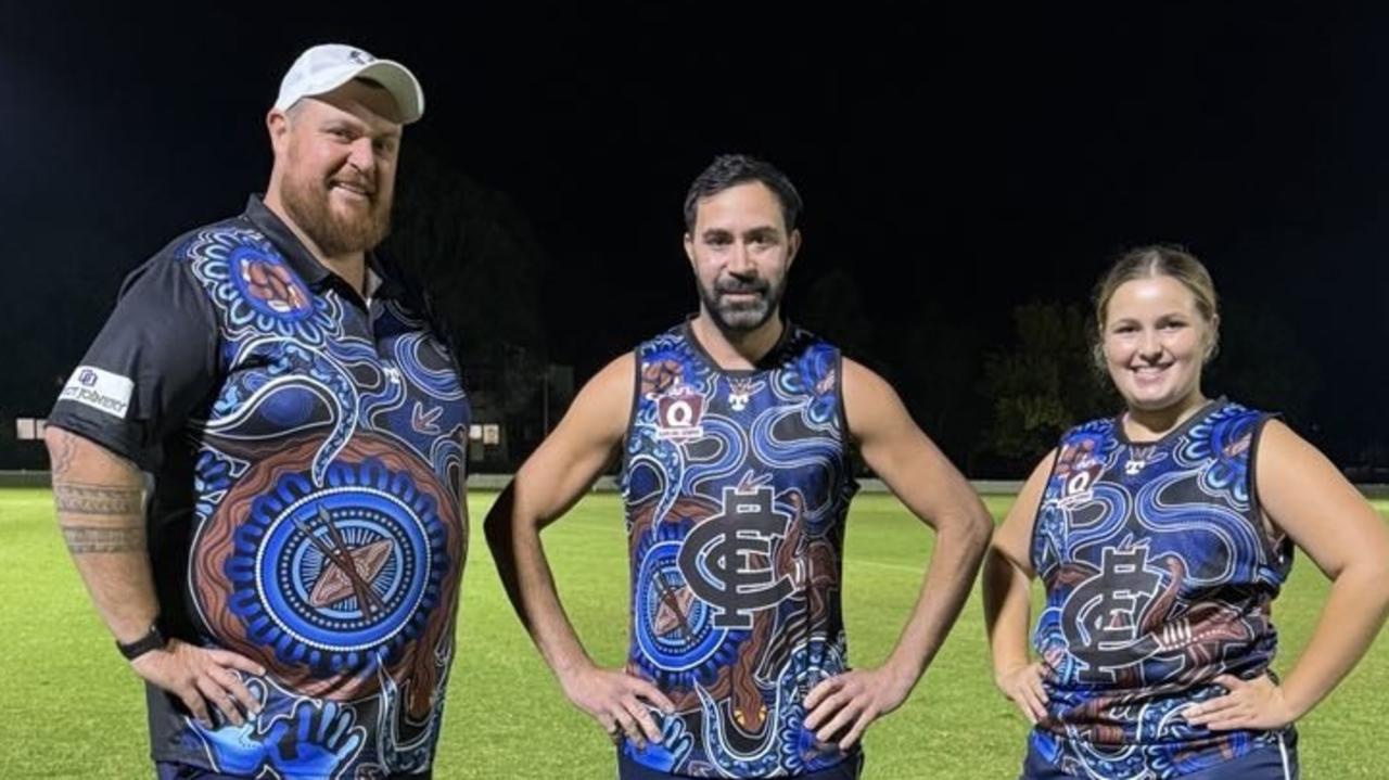 Proudly wearing Coolaroo's special Indigenous jersey are (from left) Milo Grice (Palawa Country), Phil Dreise (Kamilaroi and Euahlayi Country) and Sienna Grice Junior Player (Palawa Country).