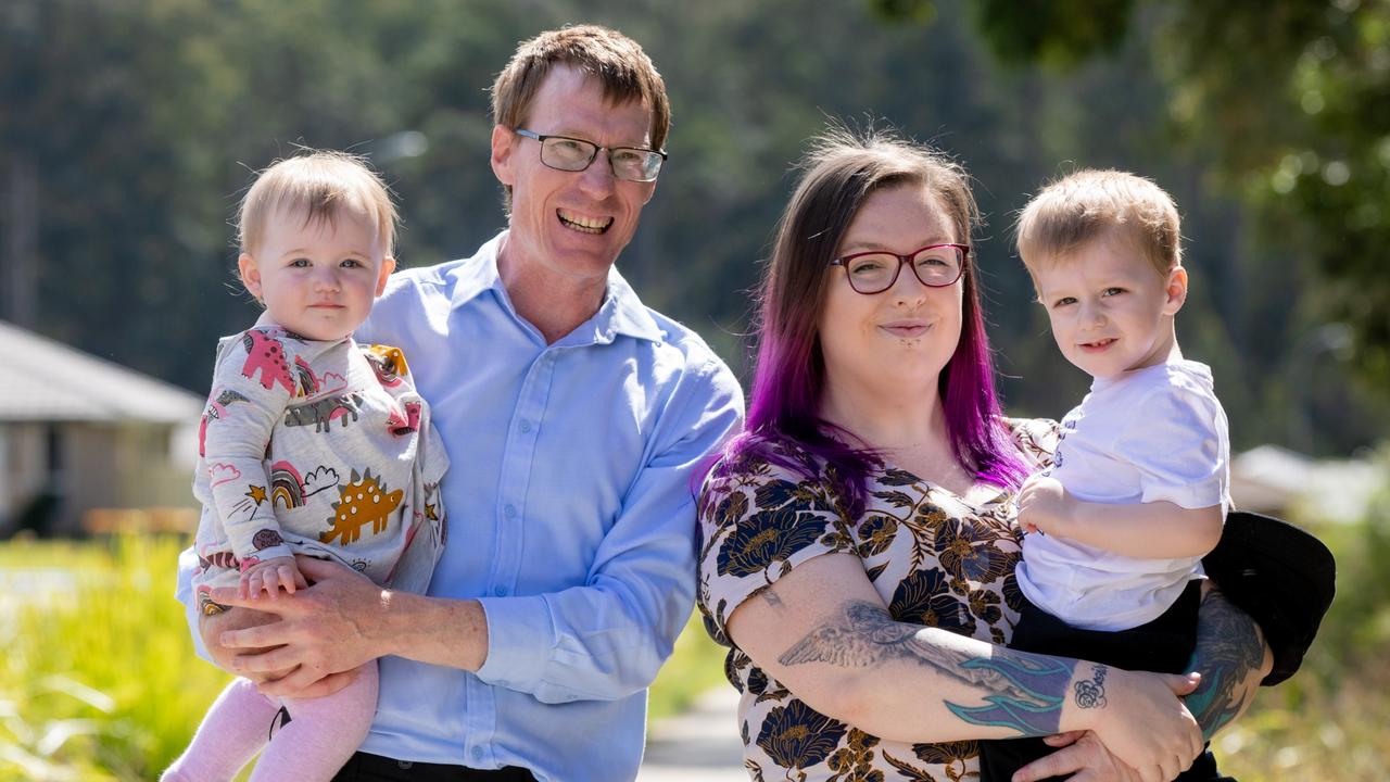 Ryan Channells with his wife Carlie and their children Skye and Toby at their home in Wauchope, NSW. Picture: Lindsay Moller Productions