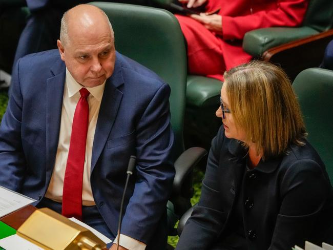 Victorian Treasurer Tim Pallas, who resigned from his posting on Monday, sits alongside Premier Jacinta Allan. Picture: Getty Images