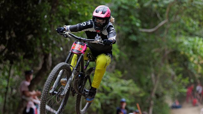 Former women's downhill world champion Tracey Hannah placed second in the Crankworx Cairns elite women's downhill race, wearing friend Frank Falappi’s jersey. Picture: Clint Trahan