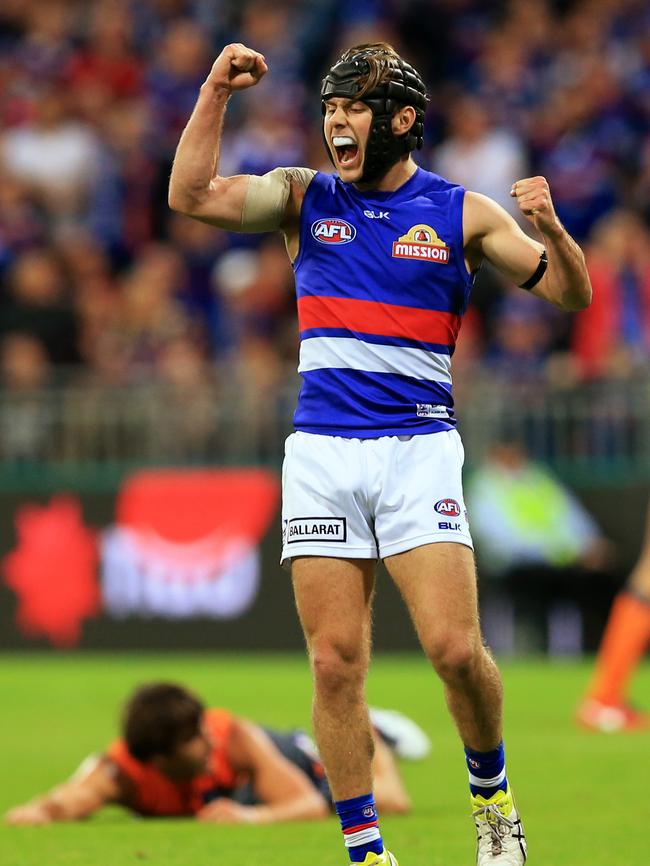 Western Bulldog Caleb Daniel celebrates a goal in the 2016 AFL Preliminary Final win against GWS. Picture: Toby Zerna