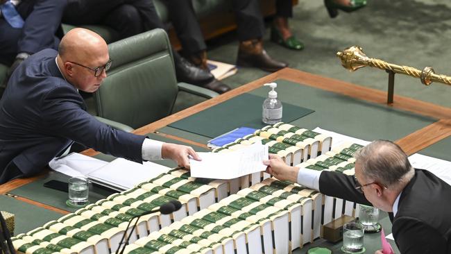 Leader of the Opposition Peter Dutton and Prime Minister Anthony Albanese during Question Time at Parliament House in Canberra. Picture: NewsWire / Martin Ollman