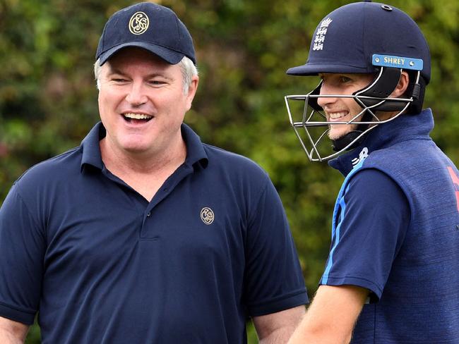 MacGill (L) chatting with England captain Joe Root (R) Pic: William