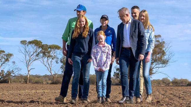 Anthony Albanese in South Australia with Troy and Nette Fischer, and children Isabelle, 16, Indigo, 14, and Elke, 9. Picture: PMO