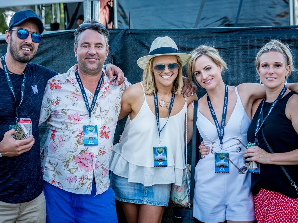 Graheme Rutter, Piers Powell, Sarah Bower, Brie Sawford and Kathy Green at Electric Gardens at Serafino Winery in McLaren Vale.