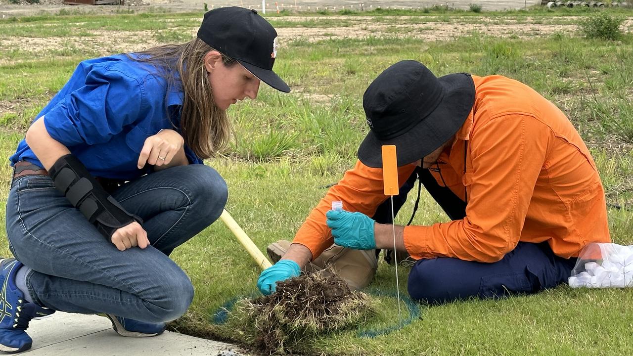 NSW DPI Project Officer Invasive Invertebrates Pauline Lenancker and National Fire Ant Eradication Program Direct Nest Injection Technician Jarred Nielsen treat a fire ant nest. Picture: Supplied