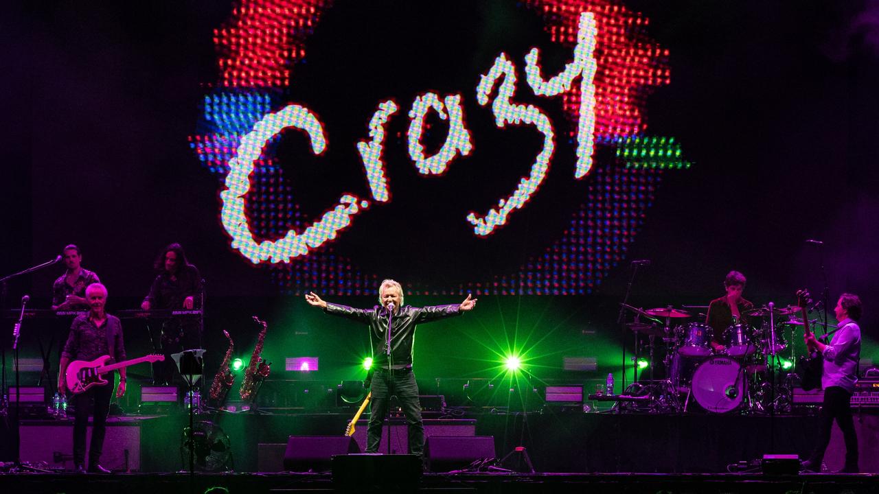 Iva Davies, centre, performs with Icehouse at the Village Green, Adelaide Oval, as part of the 2022 Adelaide Festival. Picture: Andrew Beveridge, supplied.