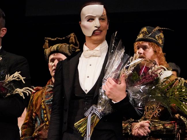 Laird Mackintosh as the Phantom takes a bow at the end of the final performance of the musical âPhantom of the Operaâ at the Majestic Theater in New York City on April 16, 2023. (Photo by TIMOTHY A. CLARY / AFP)