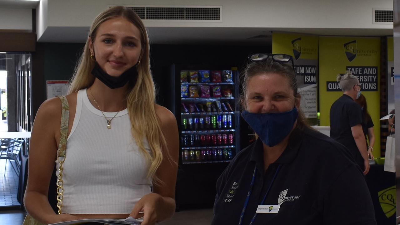 Lydia Mezzen from South Mackay (left) and CQU Allied Health teacher Megan Sutton at CQU University TAFE Expo. Ms Sutton is passionate about health degrees and said there is a variety of job opportunities for students who choose to study in this field: Picture: Madeleine Graham