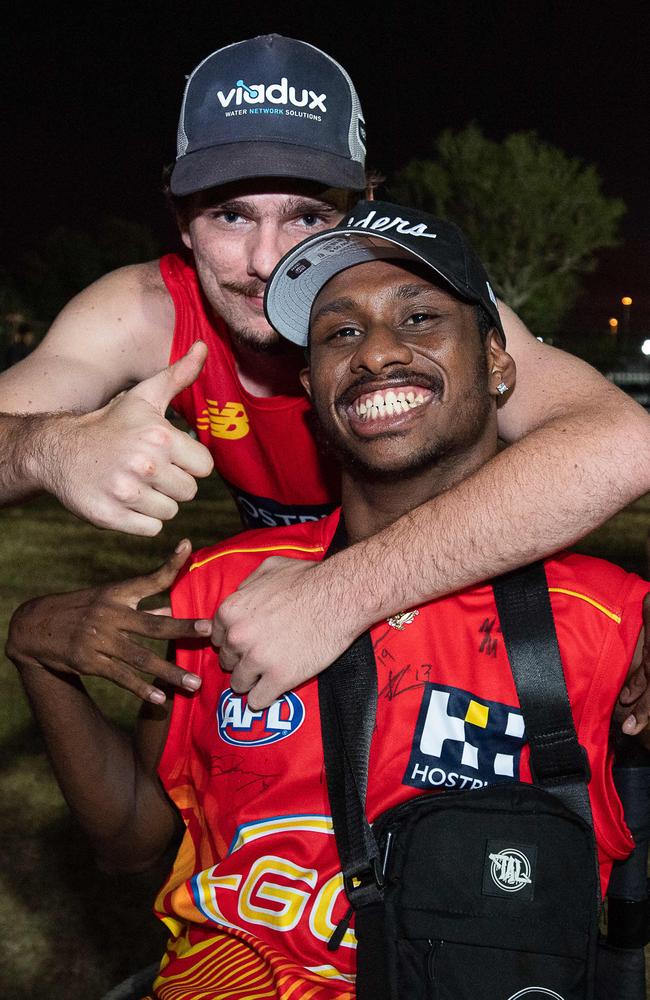 Aaron Knight and Thomas Owen at the Gold Coast Suns match vs Adelaide Crows at TIO Stadium. Picture: Pema Tamang Pakhrin