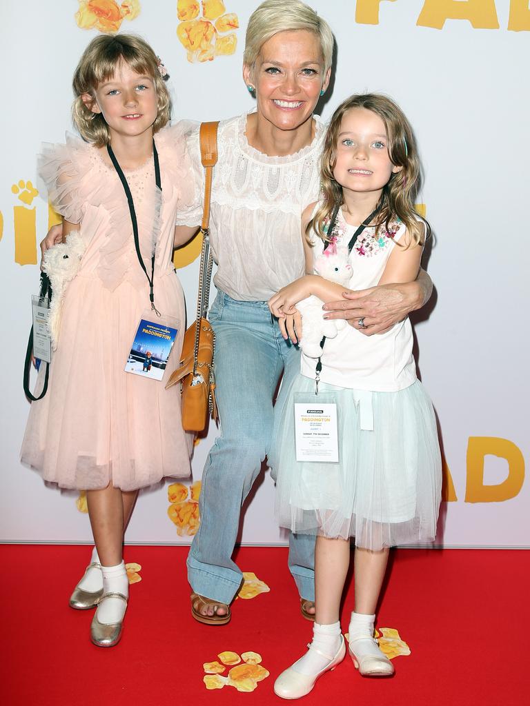 Jessica Rowe arrives with daughters Allegra and Giselle at the Australian premier of Paddington. Picture: Andrew Murray