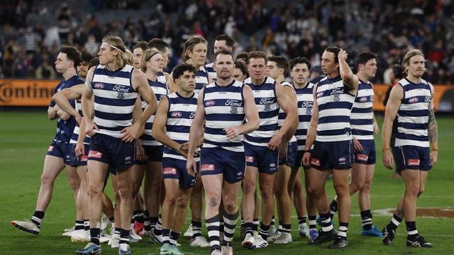 Geelong captain Patrick Dangerfield leads the team off the ground after a 10-point preliminary final loss to Brisbane. Picture: Michael Klein