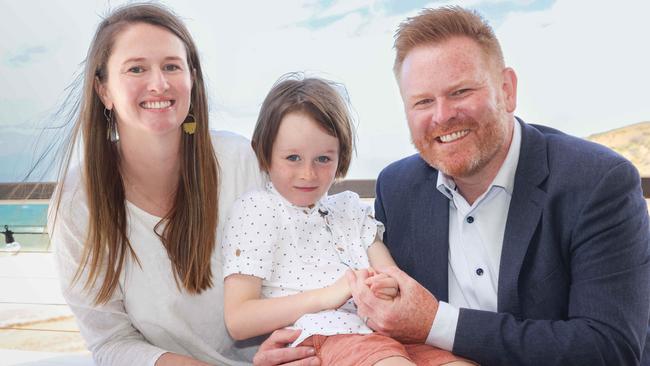 NEWS ADVLaborÃ¢â¬â¢s Black candidate Alex Dighton with his wife  Claire and their son, Albie  after his win  @ Boatshed Cafe , Hallett CoveImage/Russell Millard Photography