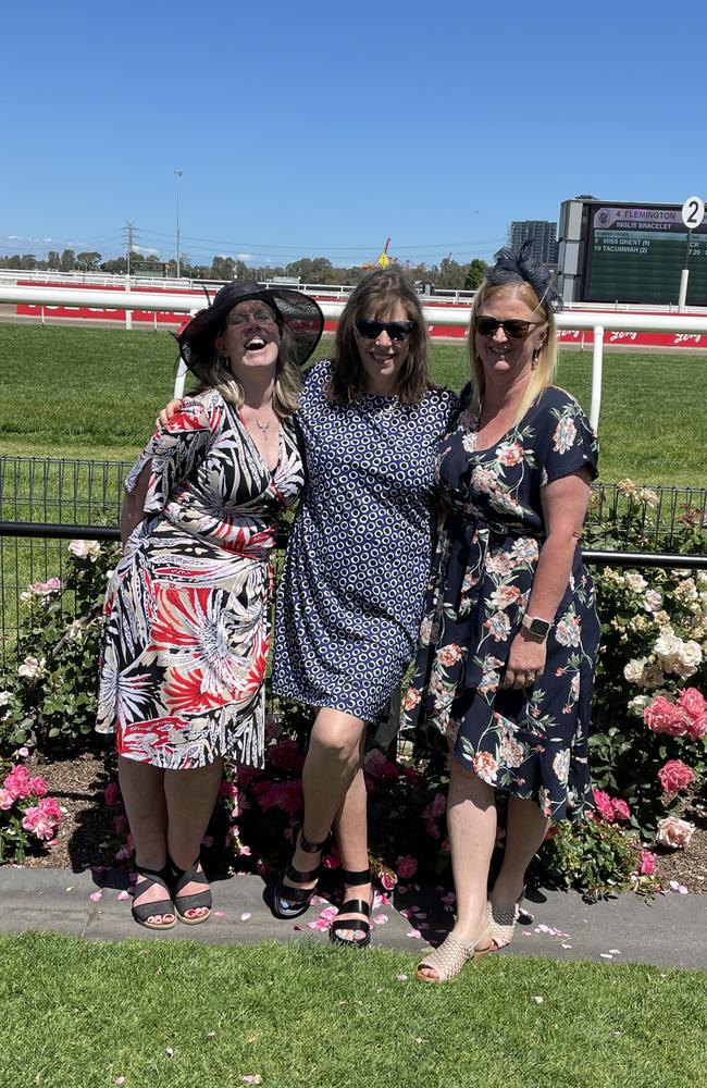 Rachael, Jenny and Deirdre at the 2024 Crown Oaks Day, held at Flemington Racecourse. Picture: Gemma Scerri