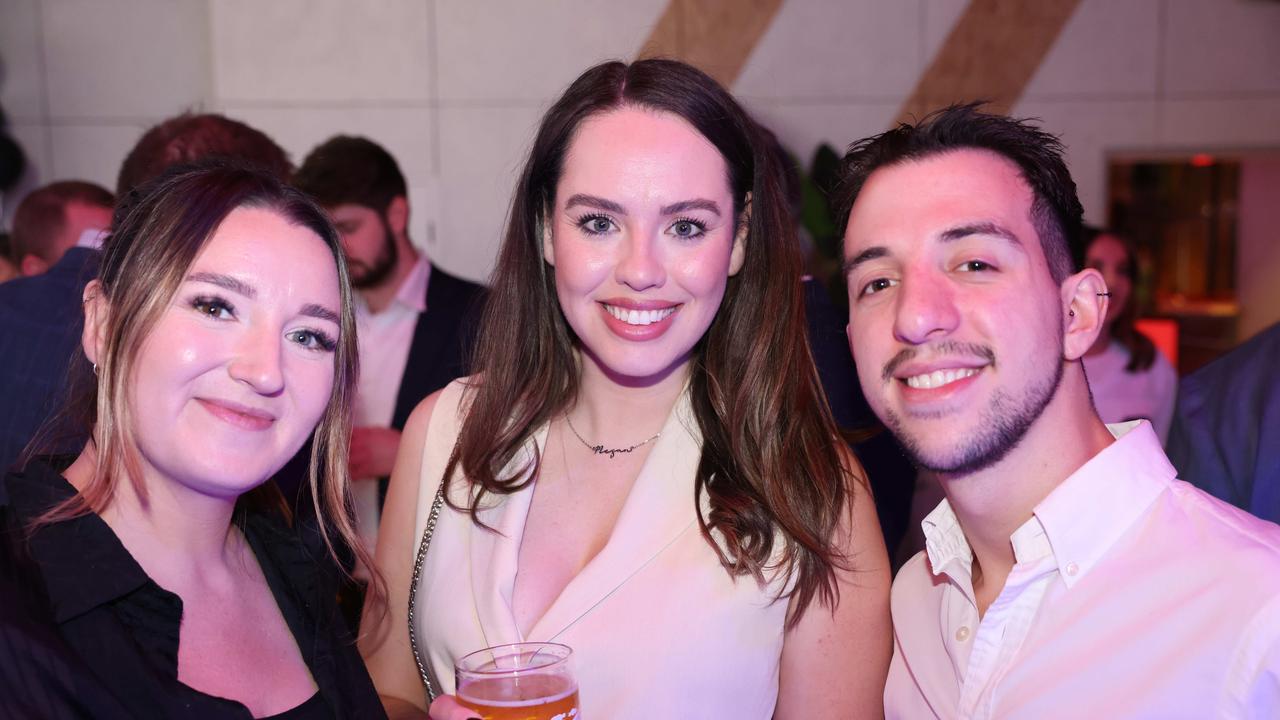 Maraid ODonaell, Megan Mernin and Jordan Gabriel at The Sporting Globe Bar and Grill launch at Surfers Paradise for Gold Coast at Large. Picture, Portia Large.