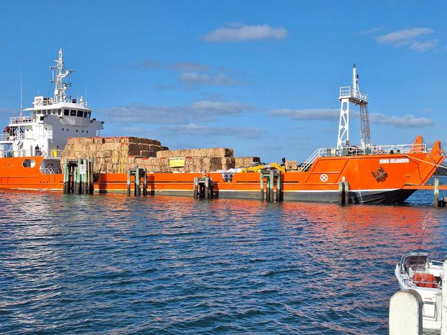 Hay bales on a ship destined for King Island leaving Port Welshpool in Victoria. Picture: Supplied.