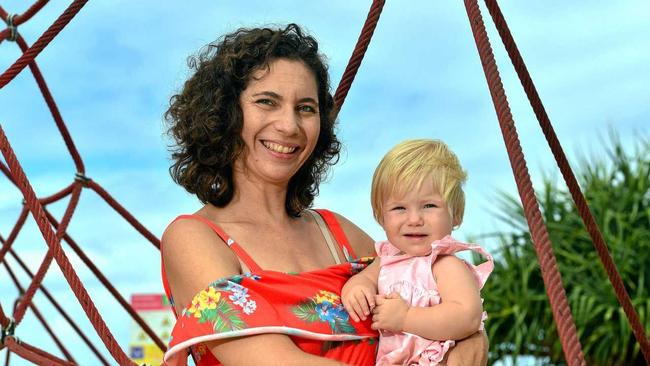 Letea Cavander with her daughter Tallulah Stuart at Coolum Beach. Picture: John McCutcheon