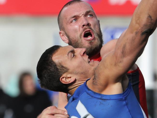 AFL: North Melbourne vs. Melbourne Demons, Blundstone Arena: North Melbourne's Braydon Preuss and Melbourne's Max Gawn compete in the ruck Picture: LUKE BOWDEN