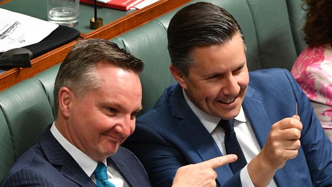 Shadow Treasurer Chris Bowen and Shadow Minister for Energy Mark Butler taunts Government MPs with a toothpick every time Energy Minister Angus Taylor mentions the phrase "big stick" in response to questions on energy companies. Picture: AAP