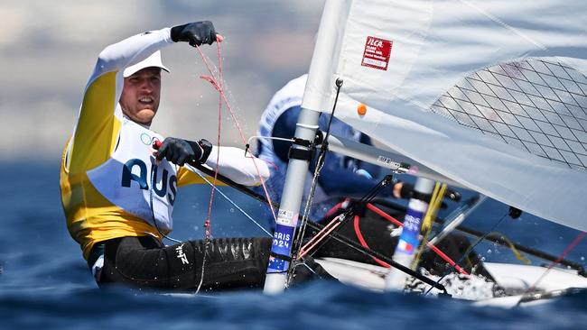 MARSEILLE, FRANCE - AUGUST 04: Matt Wearn of Team Australia competes in the Men's Dinghy ICLA class race on day nine of the Olympic Games Paris 2024 at Marseille Marina on August 04, 2024 in Marseille, France. (Photo by Clive Mason/Getty Images)