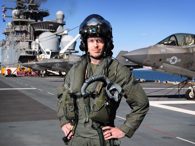 F35B Joint strike fighter pilot, US Marine Corp Captain Erik Carlson, call sign ‘Sister’ on the USS America on Tuesday. Picture: Liam Kidston