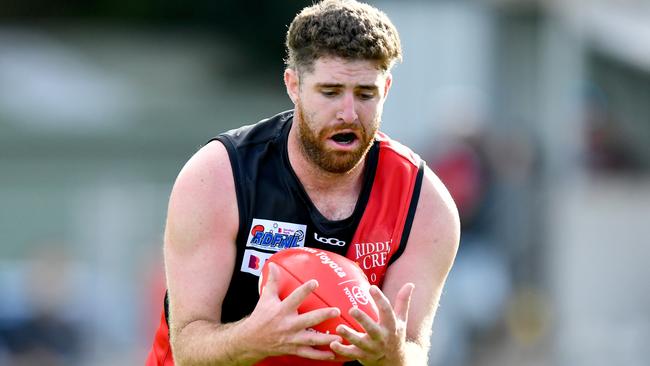 Jacob Chahine of Riddell marks during the round two RDFNL Bendigo Bank Seniors match between Riddell and Kyneton at Riddells Creek Recreation Reserve, on April 13,2024, in Diggers Rest, Australia. (Photo by Josh Chadwick)