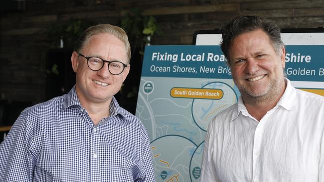 Nationals MLC Ben Franklin and outgoing Byron mayor Simon Richardson at Ocean Shores Country Club on Friday, April 30, 2021. Picture: Liana Boss