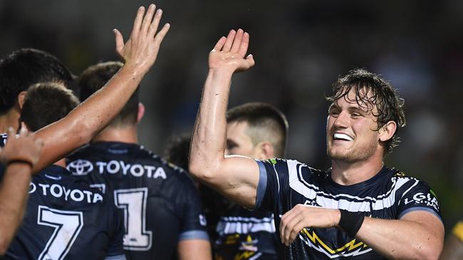 Coen Hess celebrates a try against the Eels. Picture: Ian Hitchcock/Getty Images