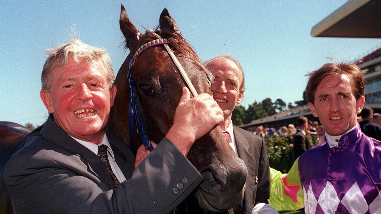 Flemington Race 5.  Mick Winks and Brawny Spirit and jockey Michael Clarke after winning the Newmarket Handicap.  f/l  11 Mar 1996  /Racehorses        alone headshot sport horseracing vic